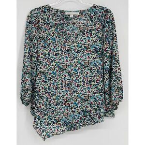 Juniper + Lime Womens V-Neck Floral Blouse 3/4 Sleeve Asymmetrical Hem Top Sz S